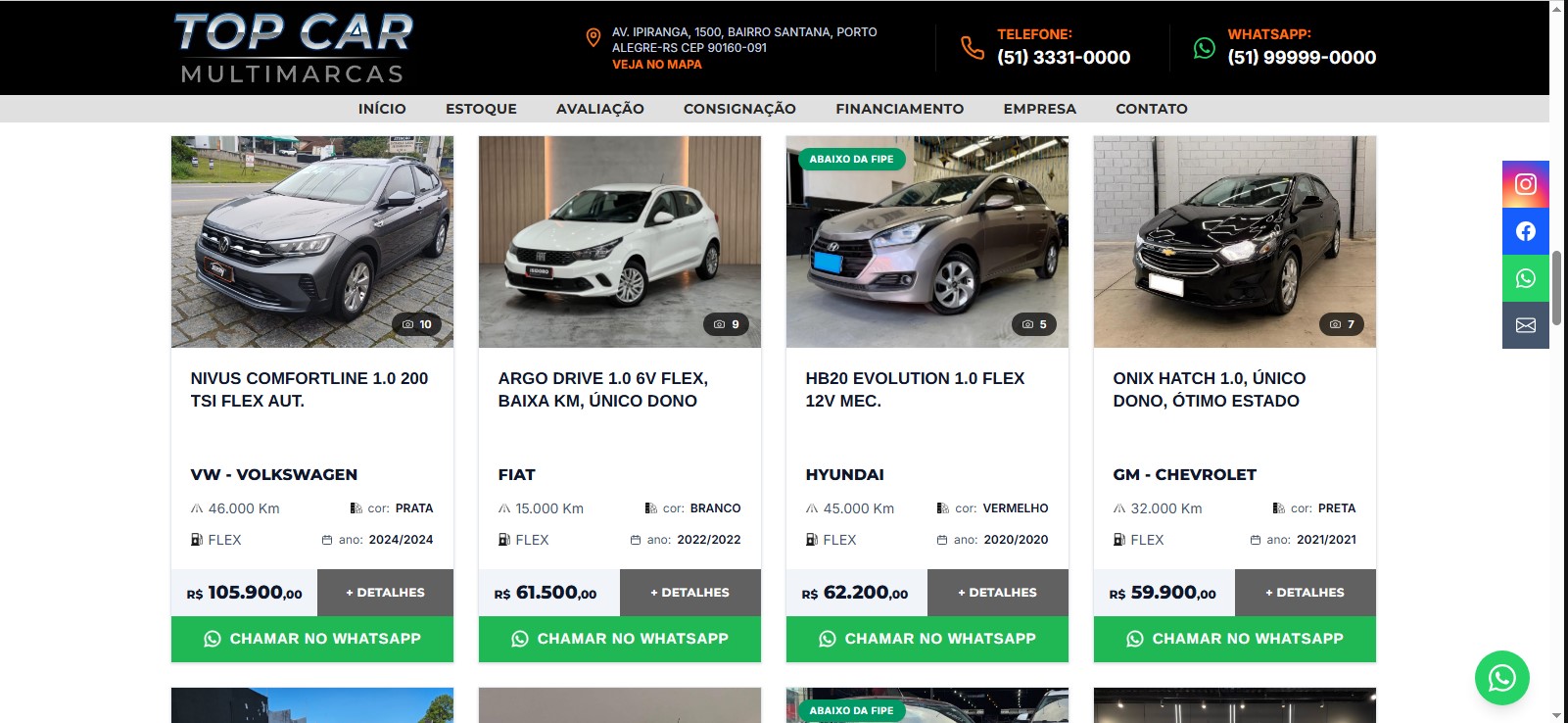 Estoque navegável do site publicado pelo Revenda Web, com busca e botão de WhatsApp em cada veículo